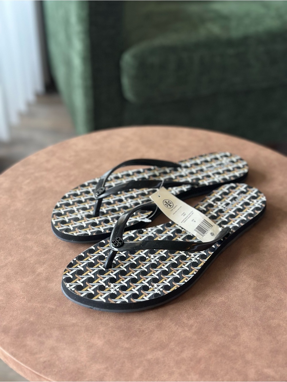 Tory Burch Black Strappy Flip Flops with Multicolor Geometric Print